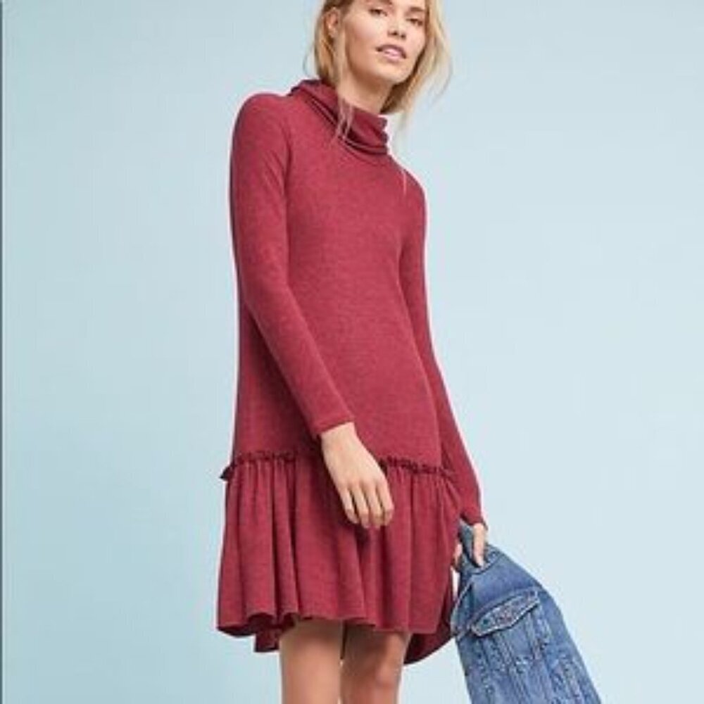 Anthropologie Sunday in Brooklynn Turtleneck Drop Waist Dress Burgundy Fall Sz S
